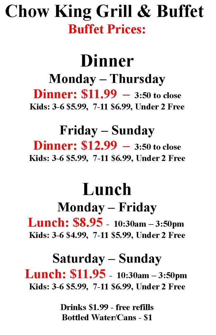 Buffet Prices Chow King Grill & Buffet Oxford, MS