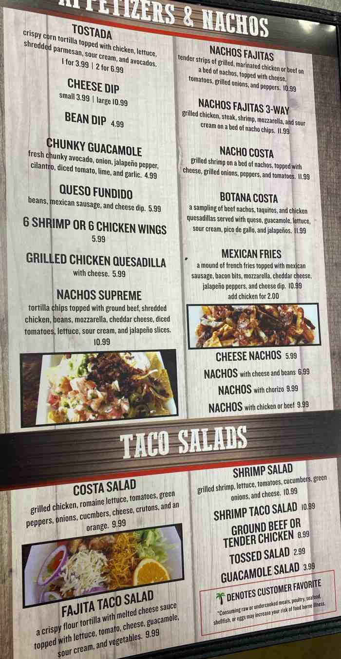 Page 1 of menu, Costa Mexican Bar & Grill Oxford, MS