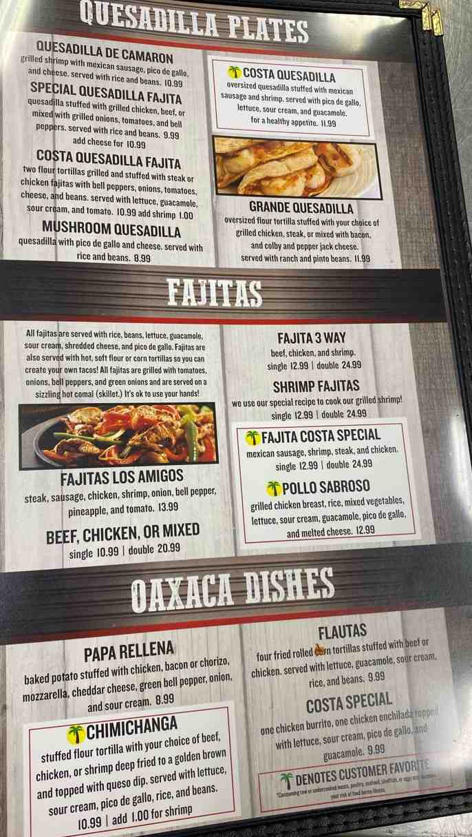 Page 4 of menu, Costa Mexican Bar & Grill Oxford, MS