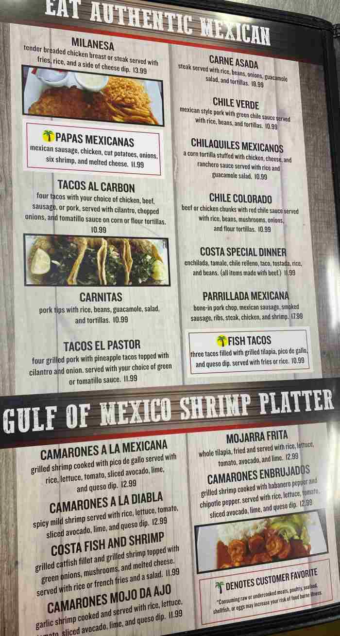 Page 5 of menu, Costa Mexican Bar & Grill Oxford, MS