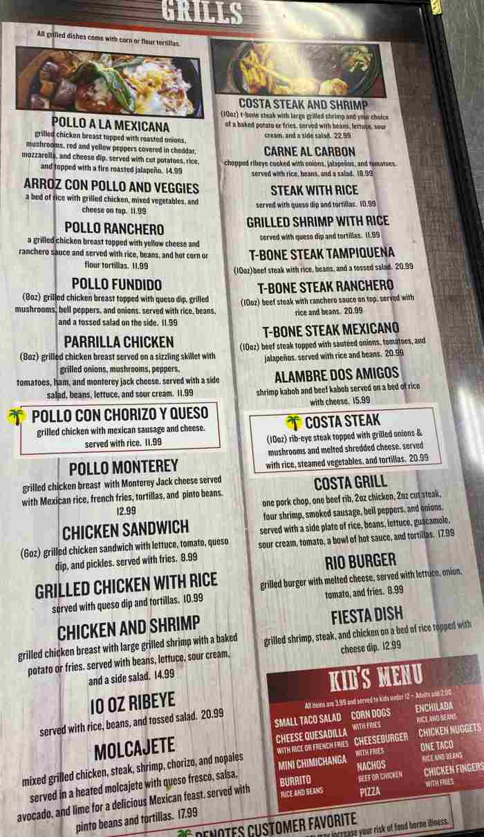 Page 6 of menu, Costa Mexican Oxford, MS