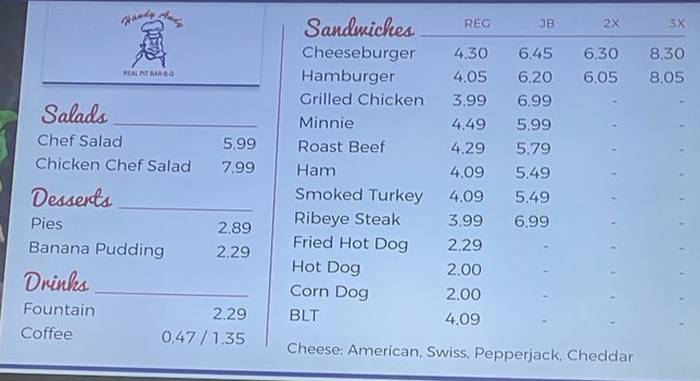 Page 1 of menu, Handy Andy Oxford, MS